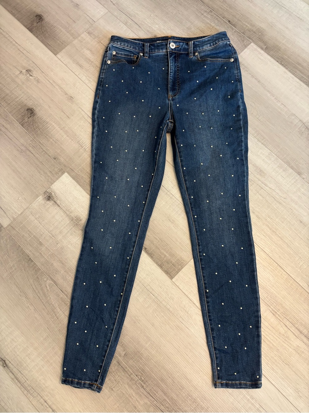 INC Denim High Rise Skinny Studded Pearl Jeans Size 8/29 Dark Wash